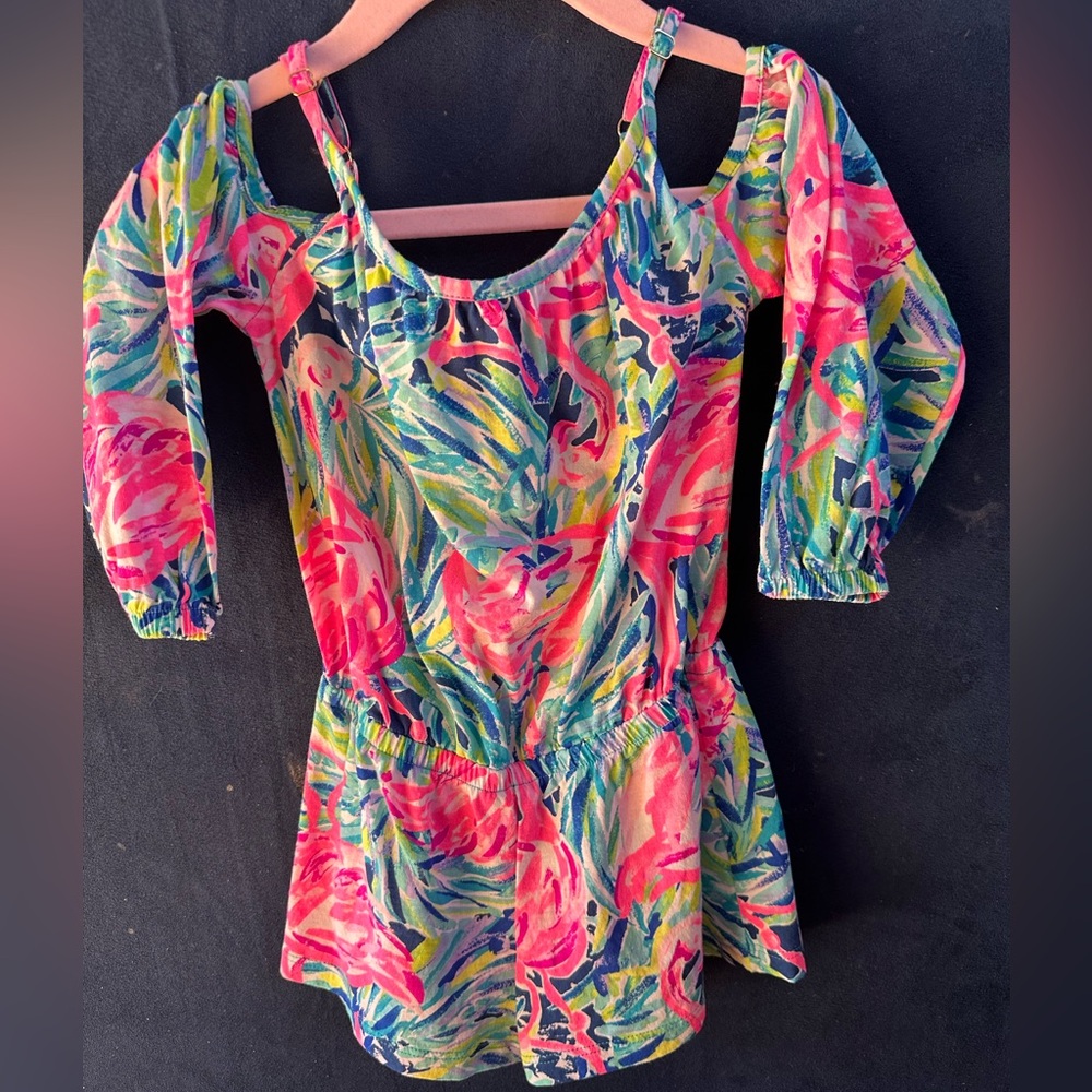 Lilly Pulitzer EUC Girls Mini Flamingo Romper Peep Shoulder XS (2-3t)
